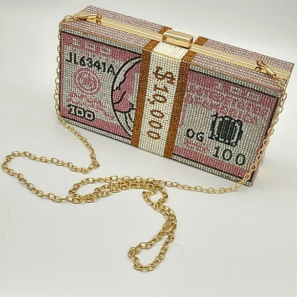 Rhinestone Money $10,000 $100 Dollar Bill Stack Clutch Bag - Picture 1 of 11